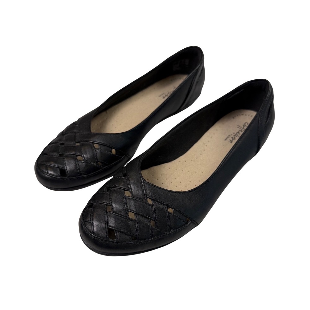 Clarks‎ Collection Gracelin Maze Black Leather Woven Toe Comfort Flats Shoes 7.5